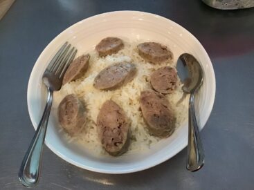 Store-bought Sausage Bites on White Rice and Boiled Fresh Vegetable Meal [PICTURES]